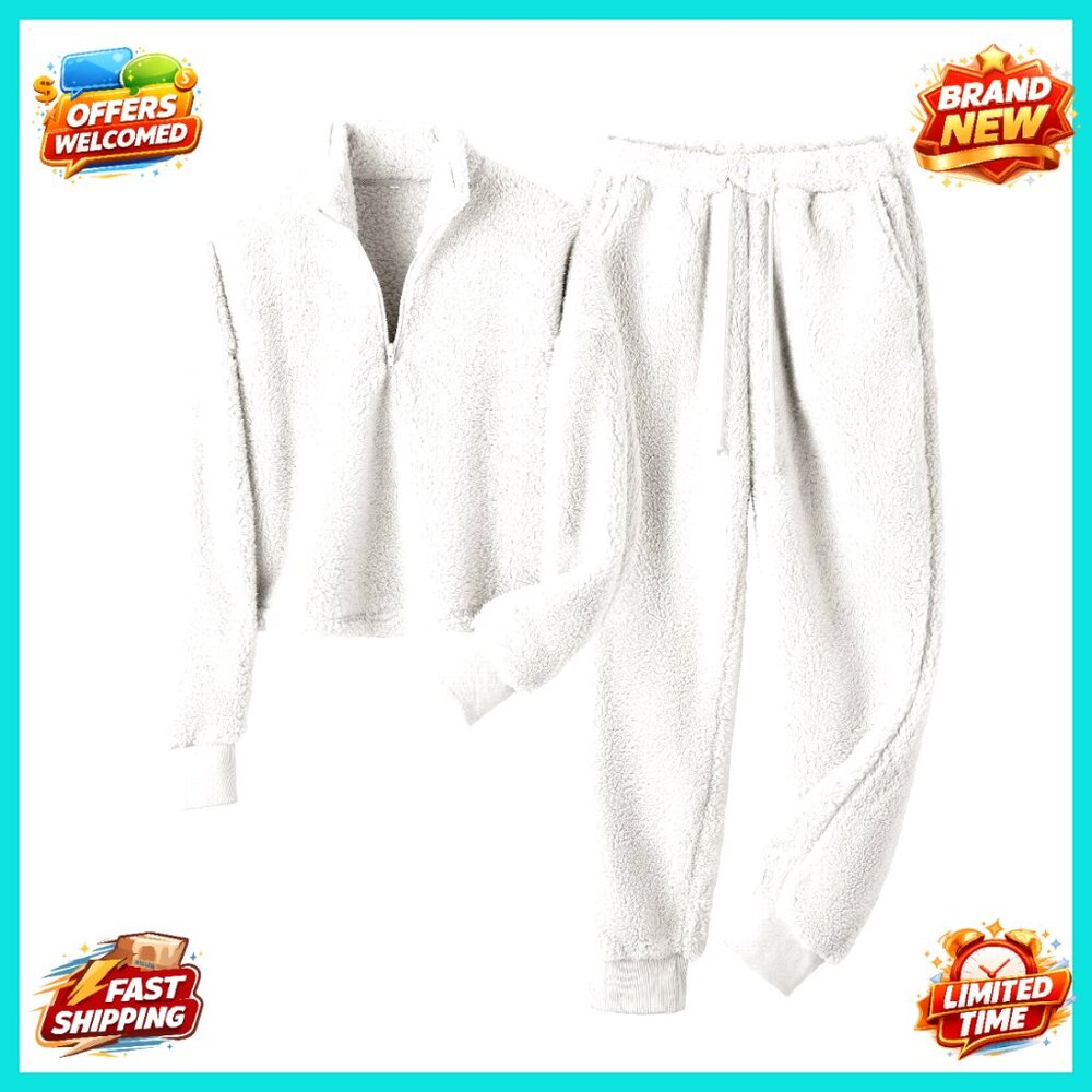 Fluffy Fleece Pajama Set Cozy Loungewear Sleepwear Oversized Quarter Zip